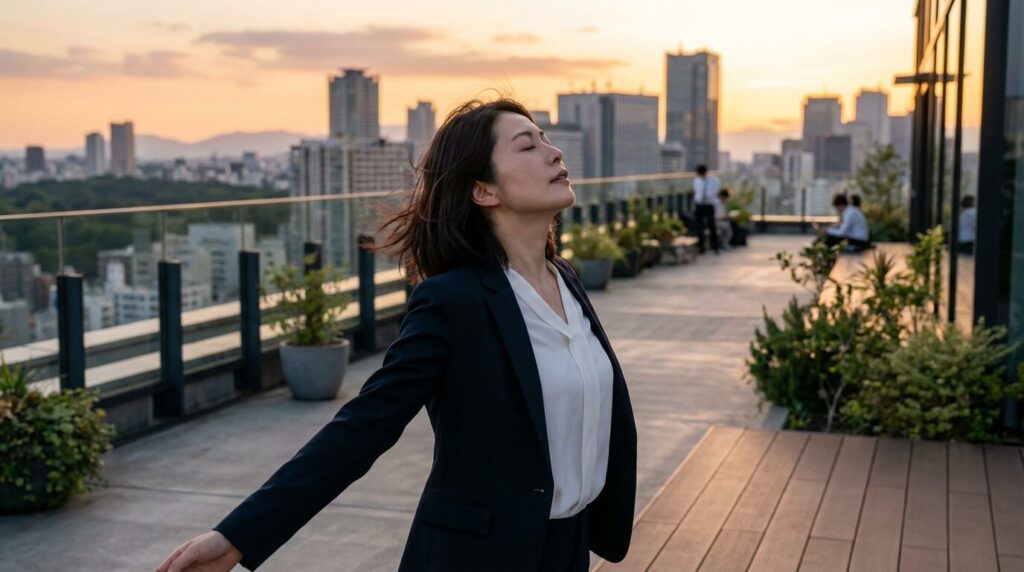 オフィスの屋上でリラックスして深呼吸をする日本人女性。人間関係のトラブルに巻き込まれずストレスが激減するという、人に執着しないことのメリットを表現している。