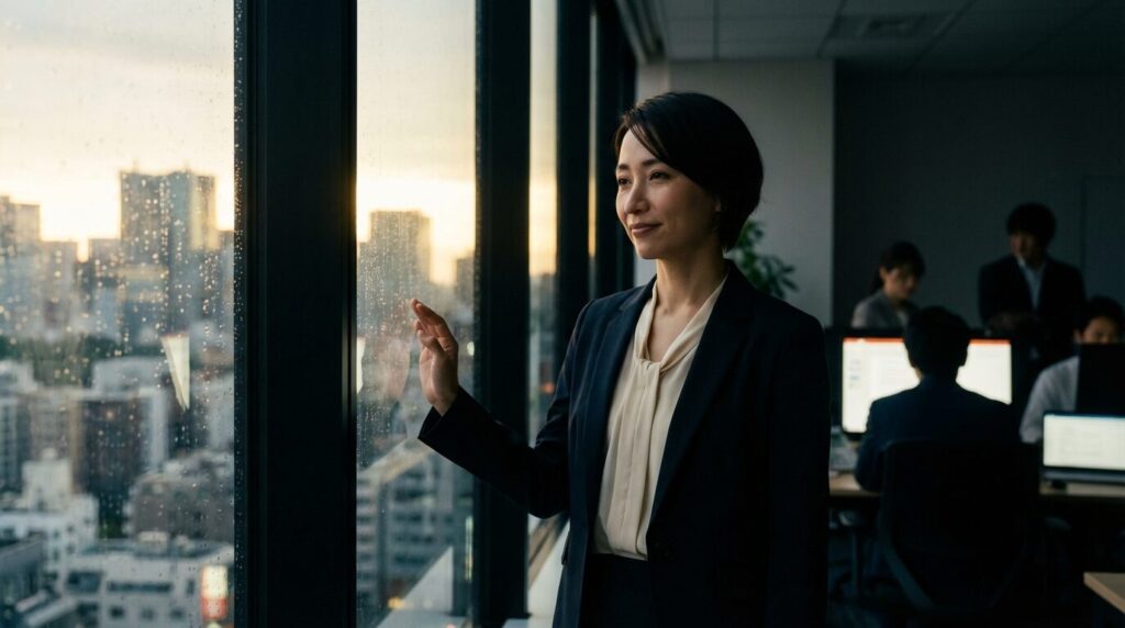 夕暮れのオフィスで、充実感と疲労感が同居した表情を見せる30代の日本人女性。仕事が集まる人のメリットである成長と、デメリットである負担の両面を表現している。