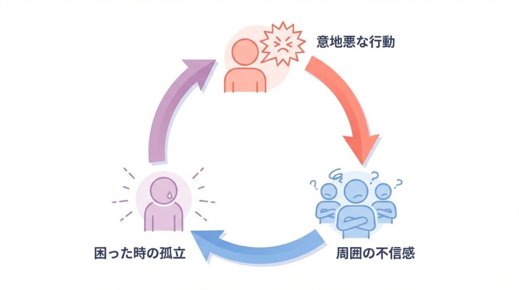 意地悪な行動が周囲の不信感を招き、最終的に自分の孤立として返ってくるブーメラン効果の仕組み図解