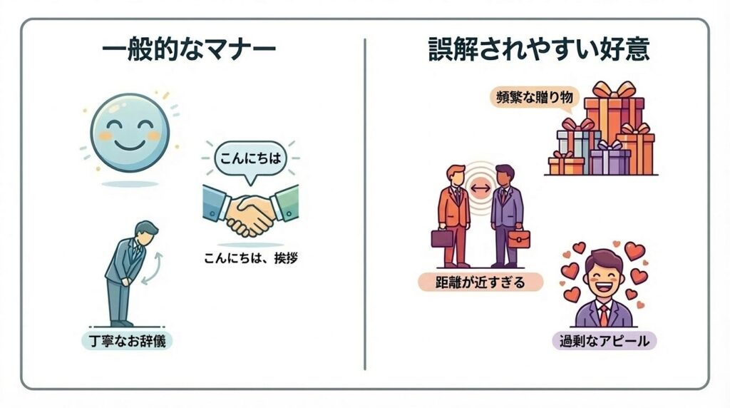 親切と誤解の境界線を示す概念図。一般的なマナーの範囲と、特別な好意と受け取られやすい行動の範囲を対比させ、リスクのある領域を可視化している。