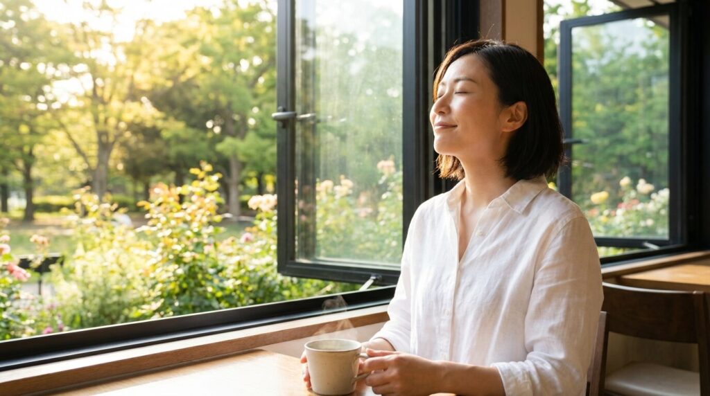 自己中心的な人の末路を教訓にし、ストレスのない人間関係を築いて心の平穏を取り戻した女性の様子。