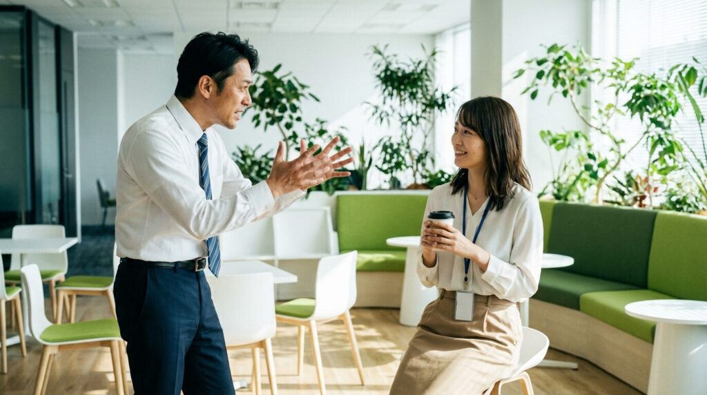 職場で上司の話を冷静に受け流し、効果的な対処法を実践している女性社員。自分が一番でないと気が済まない人に対して適切な距離感を保っている様子。