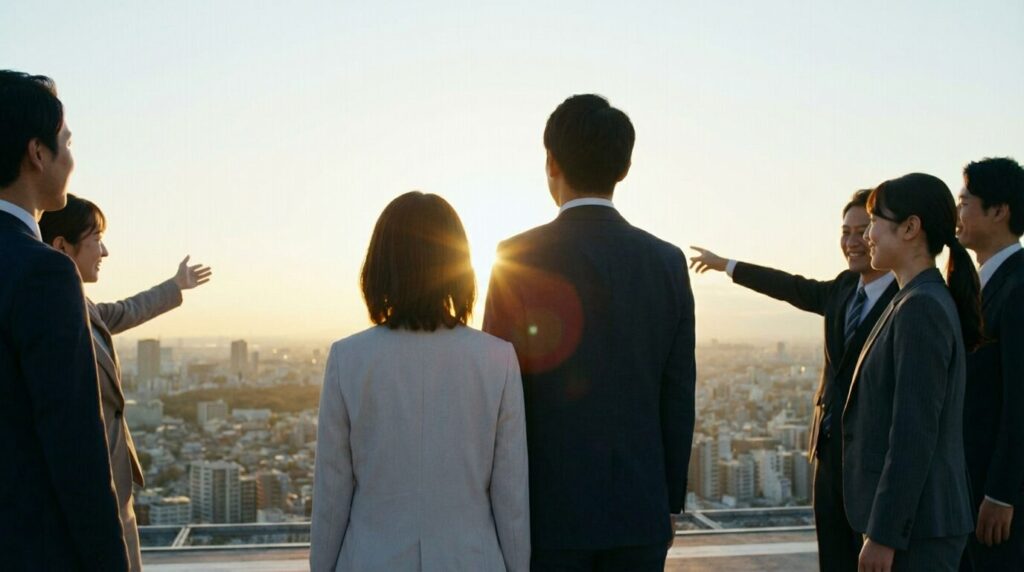 都会の空を見上げ、晴れやかな表情で未来を見据える日本人ビジネスパーソン。楽な仕事しかしない人の末路を教訓に、自分のキャリアを前向きに歩み出すイメージのまとめ。