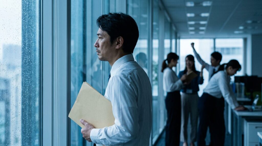 仕事を選ぶ人の末路として、重要な仕事を任されなくなりキャリアが停滞している日本人中堅社員の哀愁漂う姿。責任ある立場から外れ、将来への不安を感じている様子。