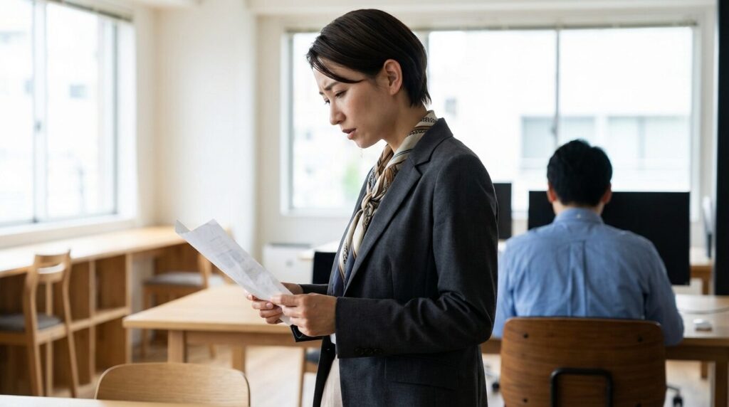 同僚の不完全な成果物を見て、期待とのギャップに落胆しイライラしている日本人女性社員。雑な仕事に対して怒りやストレスを感じる原因と理由を象徴している。