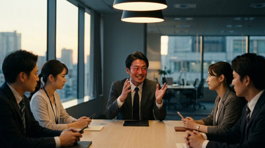 オフィスで同僚に対し、少し焦った様子で話しすぎている30代日本人男性。沈黙への恐怖や承認欲求など、失言してしまう原因となる心理状態を表したシーン。