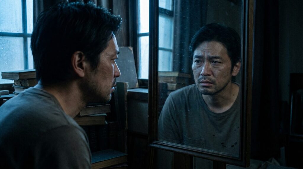 鏡に映る自分自身を真剣な表情で見つめる日本人男性。自己肯定感の低さや過去の経験など、自分を知られたくないと感じる心理的な原因と向き合っている様子。