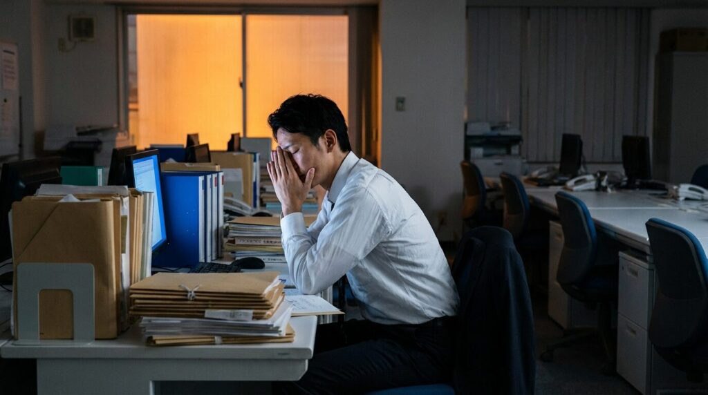 夕暮れのオフィスで、他人のミスのしわ寄せにより山積みの書類を前に疲労している日本人男性社員。責任感のない人にイライラする原因となる、業務負担の増加や不公平感を視覚的に表現している。