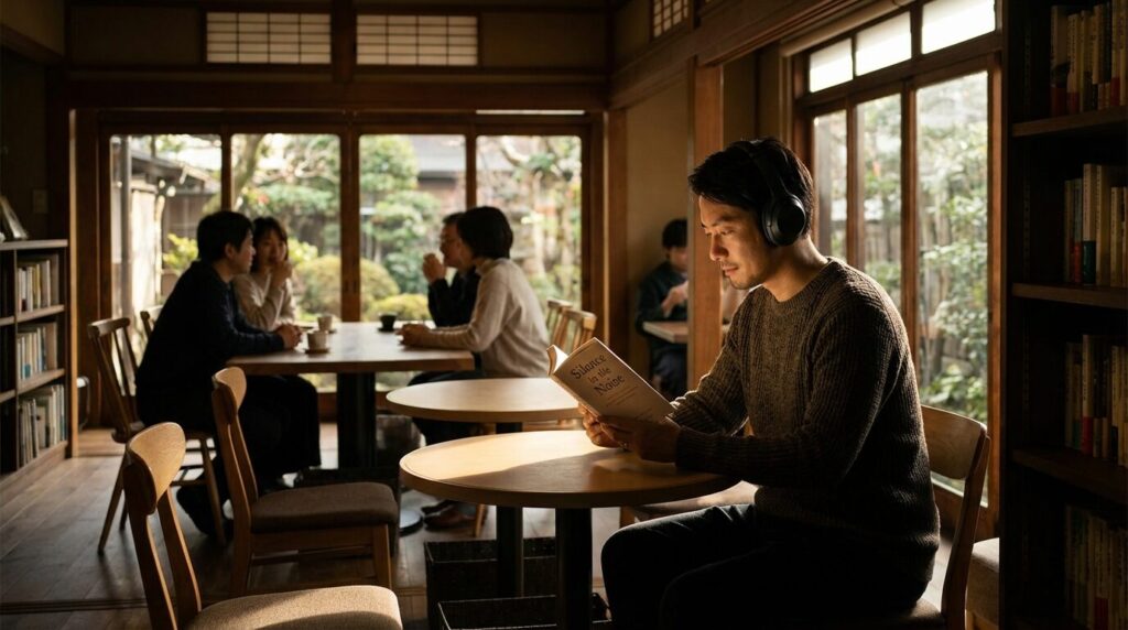 周囲の喧騒を気にせず一人で読書に没頭している日本人男性。自分の世界を優先する他人に興味がない人に見られる特徴と、自立した心理状態を表している。