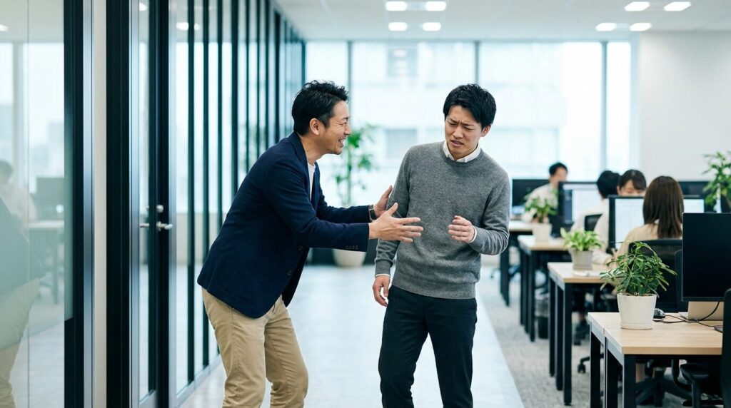 職場で一方的に同僚に話しかけ、身振り手振りが大きい日本人男性社員。いちいちうるさい人の特徴と行動パターンとして、周囲を困惑させる様子。