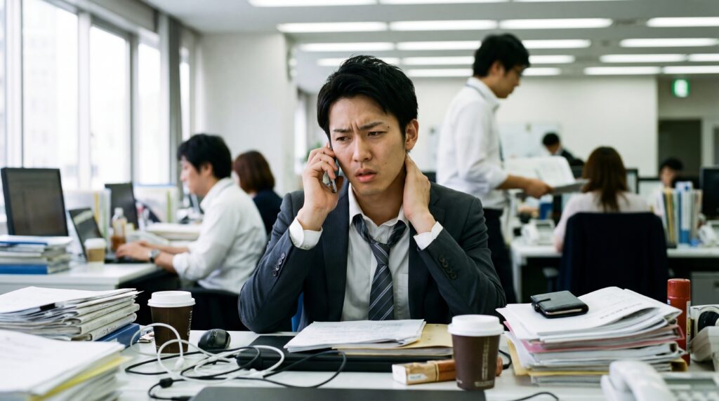 メモを取らずに焦って電話対応をしており、仕事でミスばかりする人の特徴と行動パターンを典型的に表している日本人男性社員。