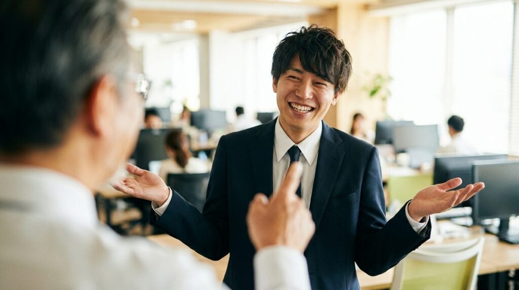 ミスを指摘されても反省せず、軽い態度で言い訳をする日本人若手男性社員。責任感のない人に見られる特徴的な態度や、当事者意識が欠如した心理的背景を描写している。