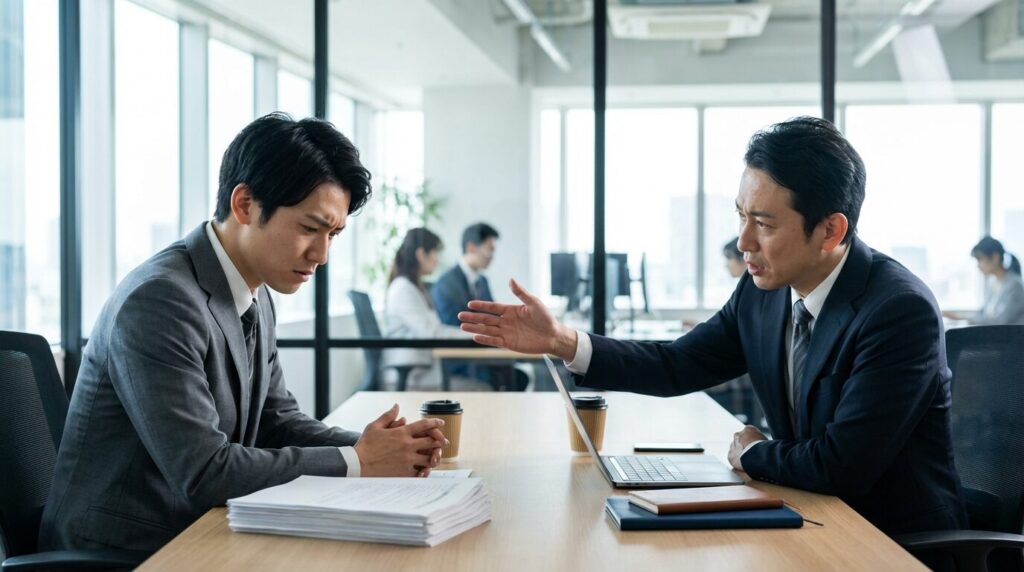 責任転嫁や言い訳を繰り返す無責任な人の特徴的な振る舞いを前に、対応に苦慮している日本人男性社員の様子。