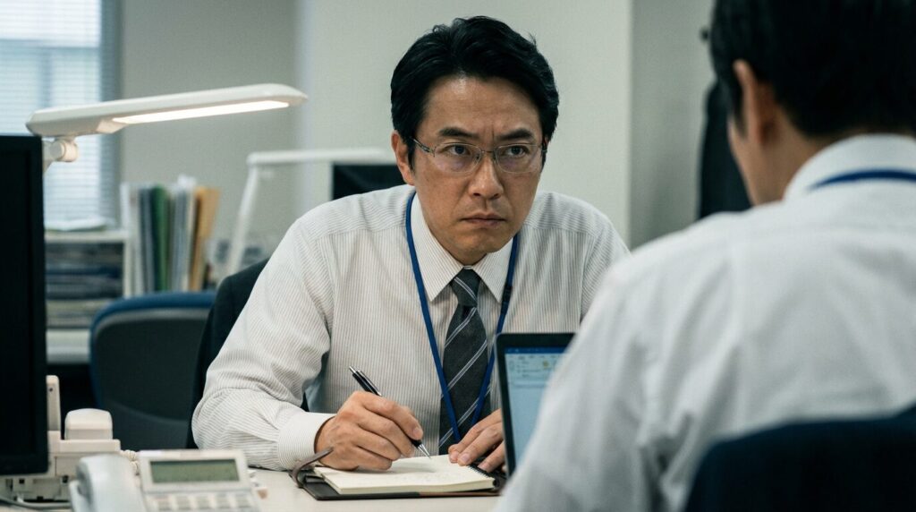 隣の席の同僚を細かく観察している日本人男性社員の様子。常に他人の行動を監視してチェックするという、人の事ばかり気にする人の特徴を表している。