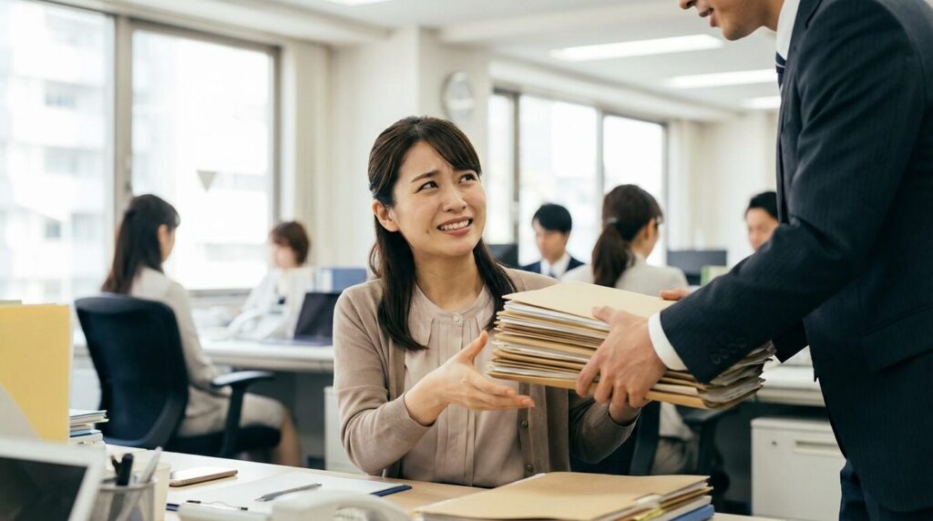 職場で頼み事を断れずに引き受けてしまう日本人女性の様子。執着されやすい人の特徴である、優しさや境界線の曖昧さを象徴している。