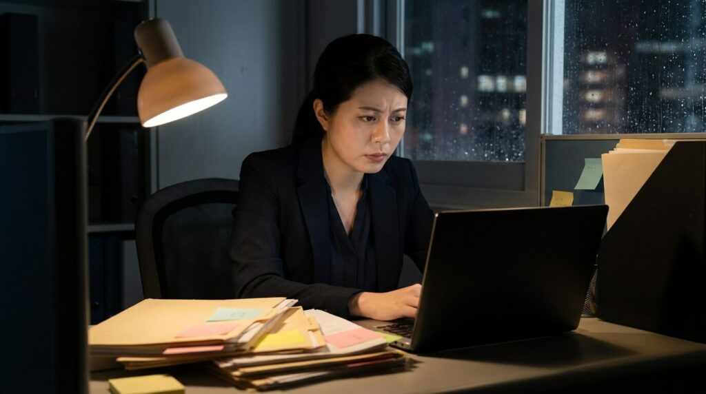 責任感が強く仕事を断れないため、残業して他人の業務までこなしている20代日本人女性社員の様子。丸投げされやすい人の傾向と理由を象徴するシーン。