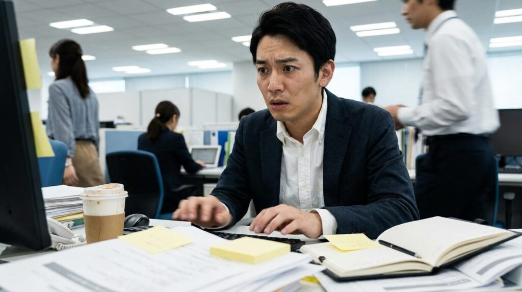 散らかったデスクで焦りながら作業を進める、キャパオーバー気味の日本人男性社員。仕事が雑な人に見られる特徴や、スピード重視で細部を見落とす心理を表している。