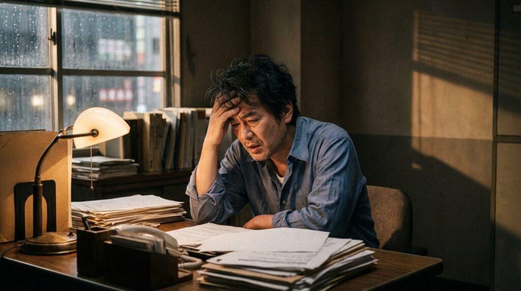 独り言が多い人に見られる特徴として、自分の世界に入り込み不安やストレスを抱えている日本人男性。無意識に声が漏れてしまう心理的な背景を表している。