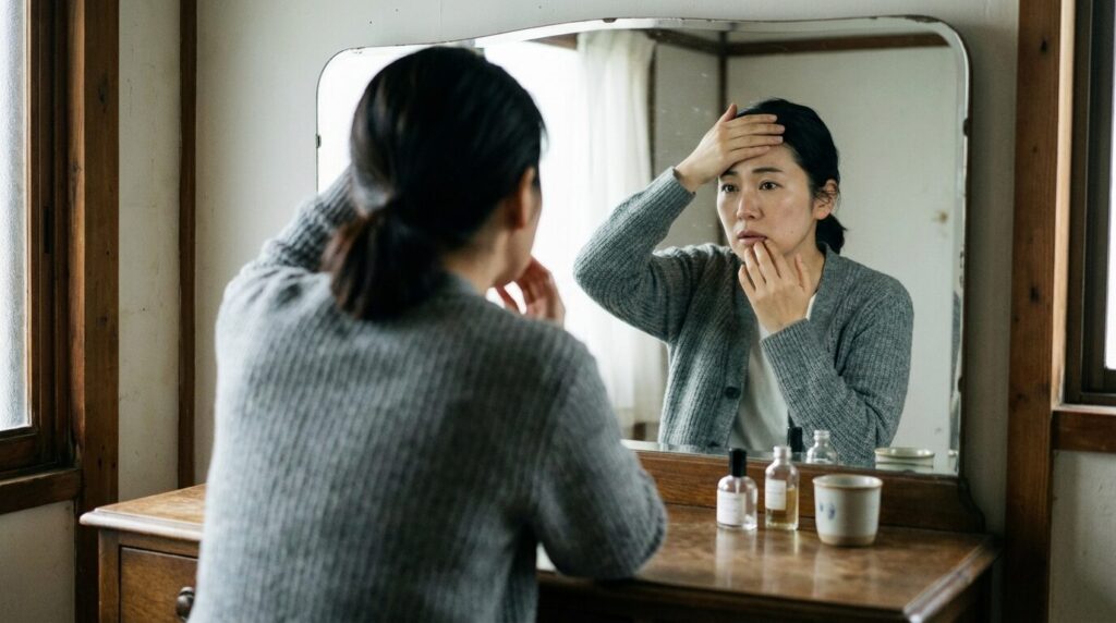 鏡の前で自分の顔のシワや癖を確認し、意地悪な性格や感情が表情に出る理由(蓄積)を実感している日本人女性。