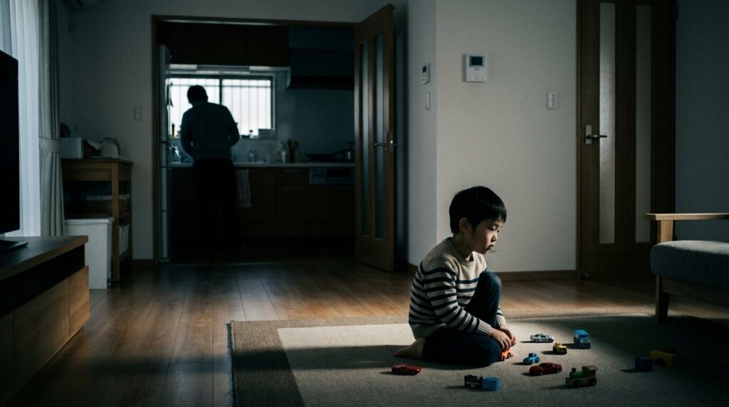 広いリビングで一人静かに遊ぶ幼少期の日本人男児。家族内での情緒的な関わりが少なく、過干渉や無関心な環境で育った思いやりがない人の育ちの背景を示唆する様子。