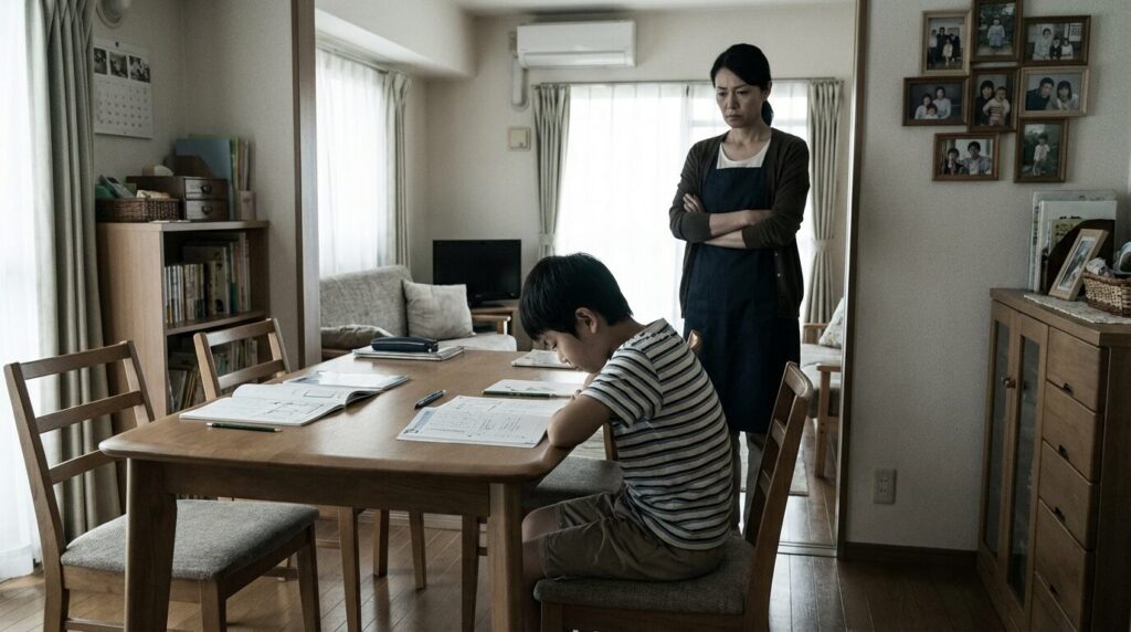 家庭内で親の厳しい監視下に置かれ、緊張しながら過ごす日本人男児の様子。言い訳ばかりする人の育ちや家庭環境における過干渉や厳格な躾の影響を示唆している。