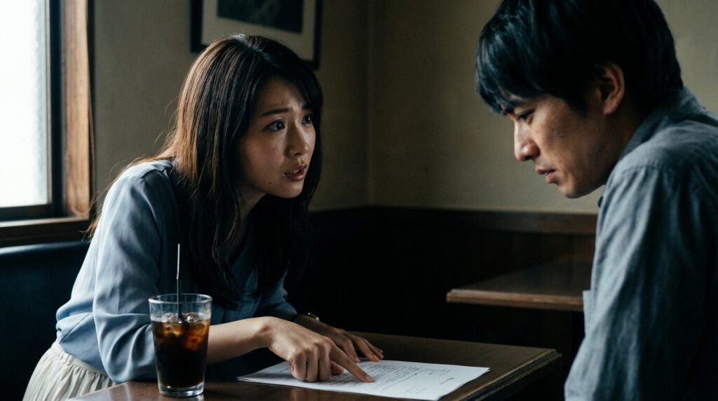 カフェで同僚の話を聞かずに一方的に話し続ける日本人女性の、不安と承認欲求が入り混じった表情。幼少期の経験が形成する、自分を認めてほしいという切実な心理状態を描写。