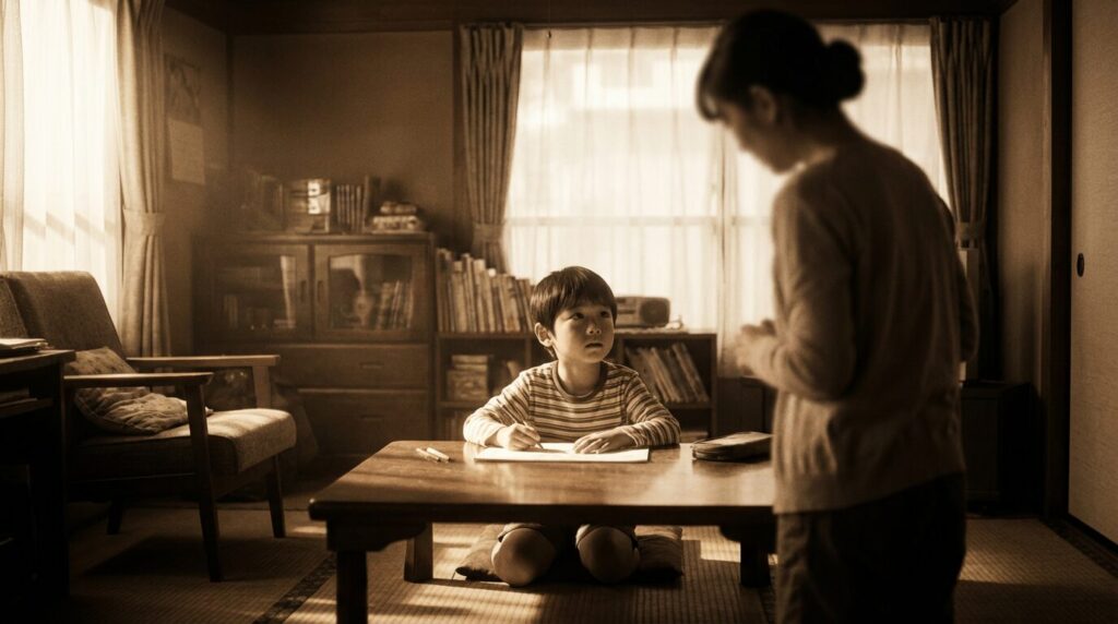 親の顔色を伺いながら遊ぶ幼少期の日本人男の子。自信がない人の育ちや幼少期の家庭環境の影響を象徴している様子。