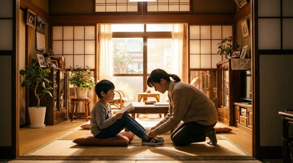 過保護な母親に靴紐を結んでもらっている日本人の男の子。親が先回りする家庭環境など、いい加減な人の育ちや性格形成の背景をイメージした様子。