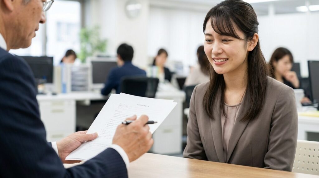 指導を受けている最中に視線を逸らして笑みを浮かべる日本人女性社員。真剣な場でも緊張感がないように見えるなど、ヘラヘラしてる人に共通する特徴を表している。