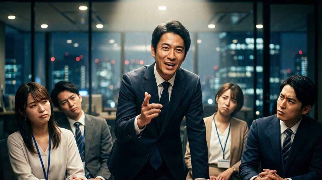 オフィスで自分が一番でないと気が済まない人が同僚に対して優越感を持って話している様子。その特徴的な行動と、周囲が心理的に疲弊している状況を表している。