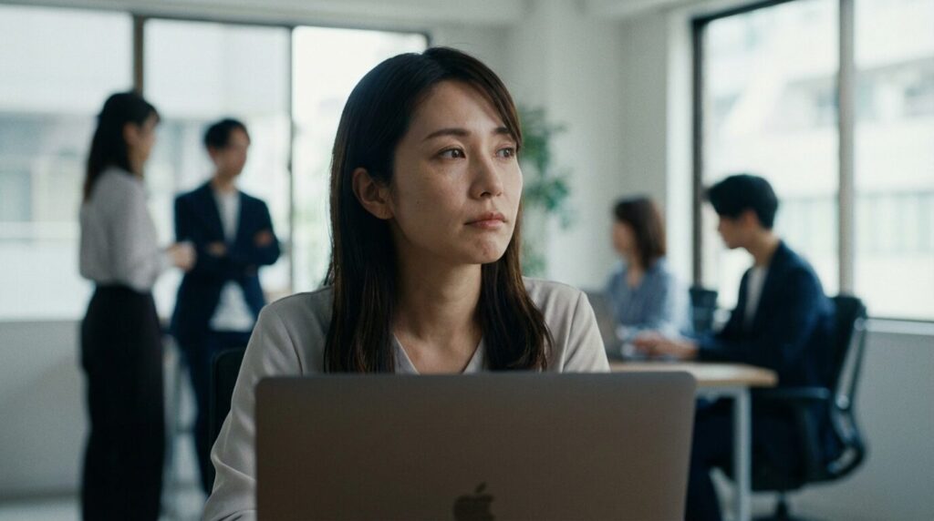 職場で人の事が気になる人の性格や人間関係に悩み、ふと手を止めて考え込む日本人女性。心理的な負担と、対処法を知りたいという切実な思いを表している様子。