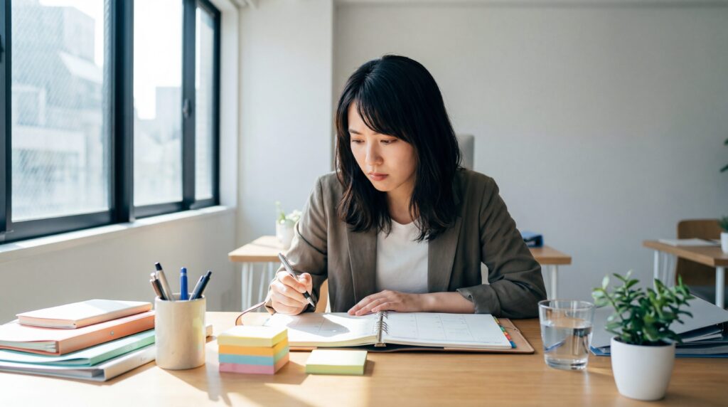 仕事のミスを減らすための具体的な対処法として、丁寧にメモを取りタスク管理を行っている日本人女性社員。