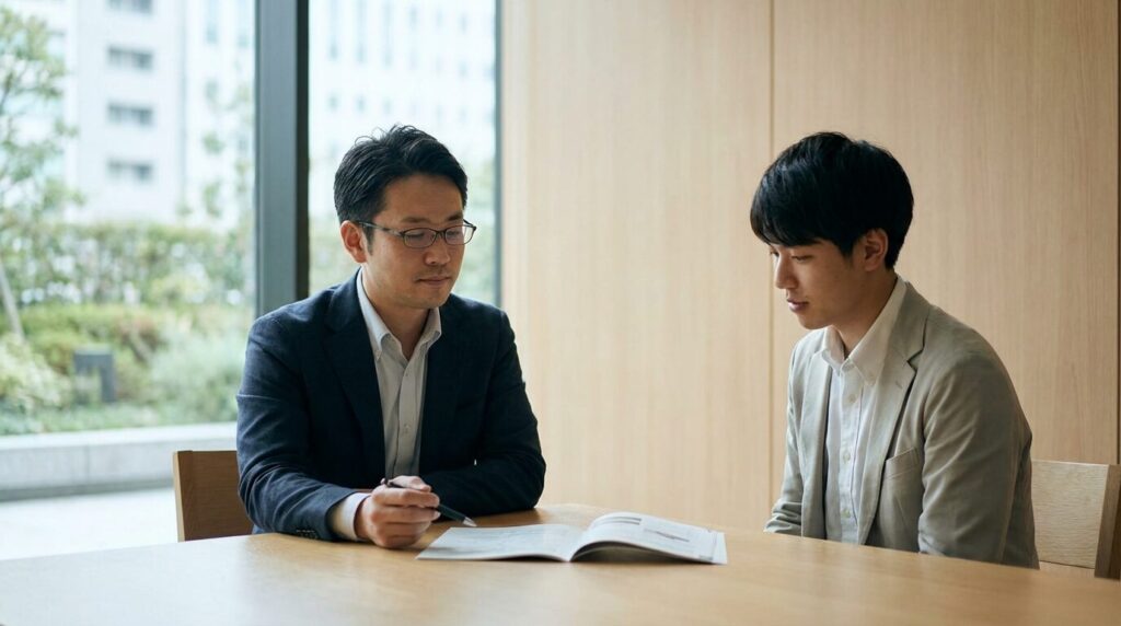 会議室で部下に対して資料を指差しながら冷静に事実を伝えている日本人男性上司。関係を悪化させずに改善を促すための、適切な注意の仕方や伝え方を実践している様子。