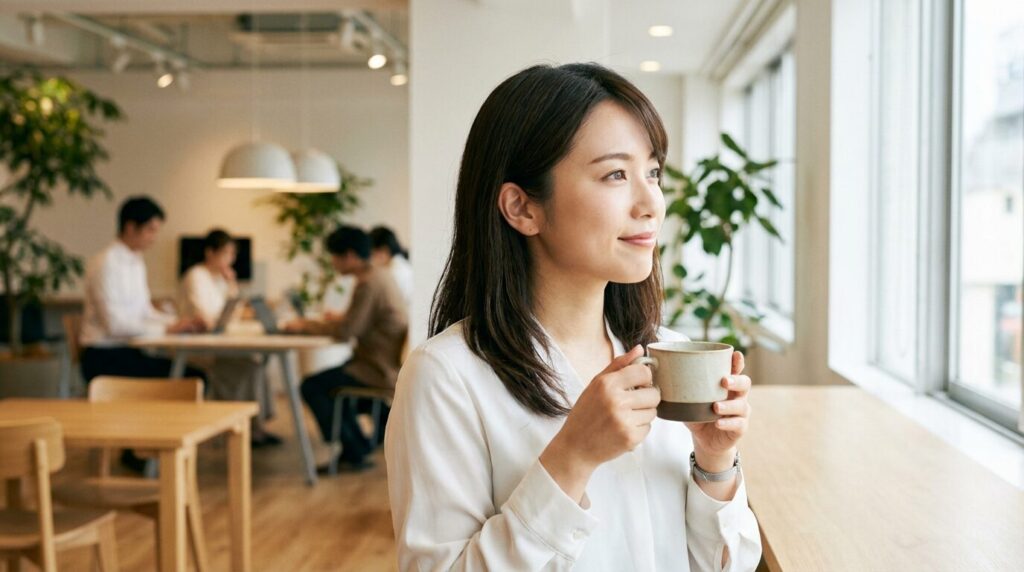 職場の喧騒から距離を置き、穏やかな表情でリラックスする20代日本人女性社員。人によって態度を変える人への適切な対処法を実践し、自分の心を守っている様子。