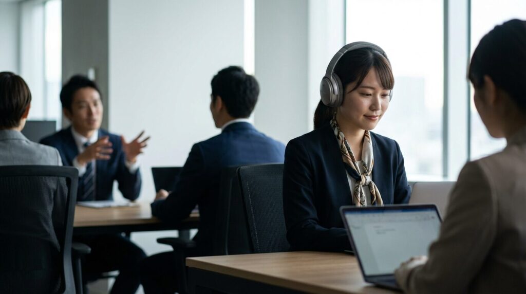 独り言が多い人にイライラするときの適切な対処法として、ヘッドフォンを活用して物理的な距離を取っている日本人女性。自分の作業に集中する環境を作っている様子。