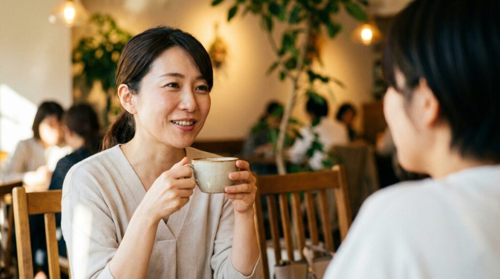 カフェでリラックスした表情で友人と会話を楽しむ日本人女性。信頼できる相手に少しずつ話すことなど、自分を知られたくないと感じる時の具体的な対処法を実践している様子。