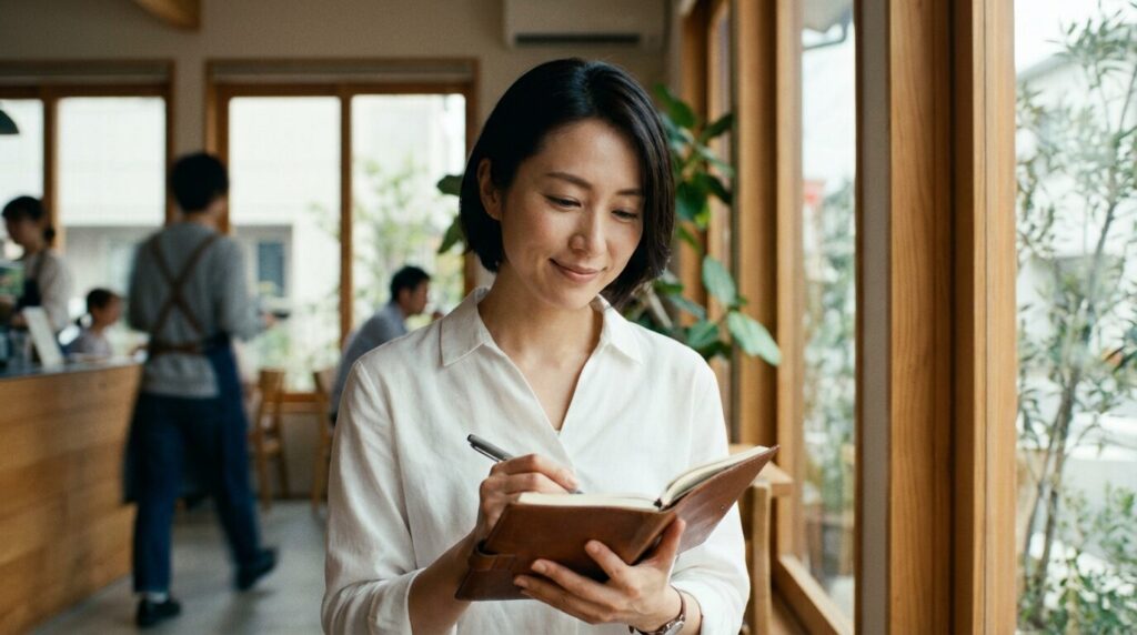 自分勝手な人に振り回されず、冷静に記録を取ったり距離を置いたりして自分の時間を守る日本人女性。疲れる前に知っておきたい対処法を実践し、精神的な安定を保つ様子。