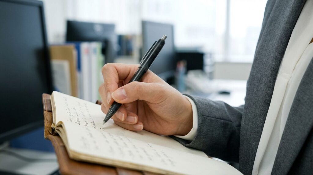 職場で当たりが強い相手からの指示に対し、感情的にならず事実のみを冷静に手帳へ記録して対処しようとしている20代日本人女性社員。