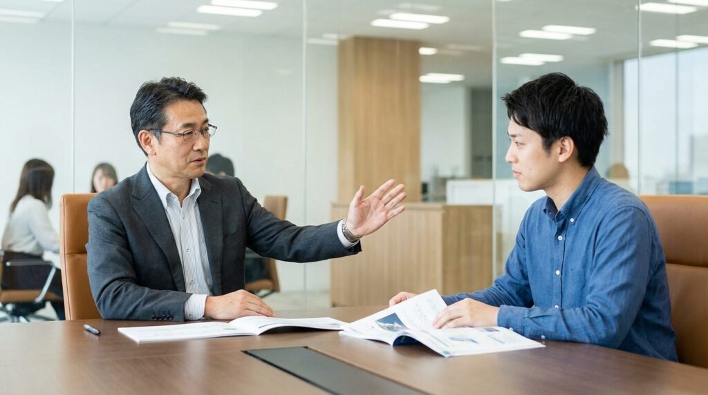 職場で言い訳をする相手に対し、感情的にならず冷静かつ毅然とした態度で接する40代日本人男性。職場や家庭で振り回されないための適切な対処法を実践している様子。