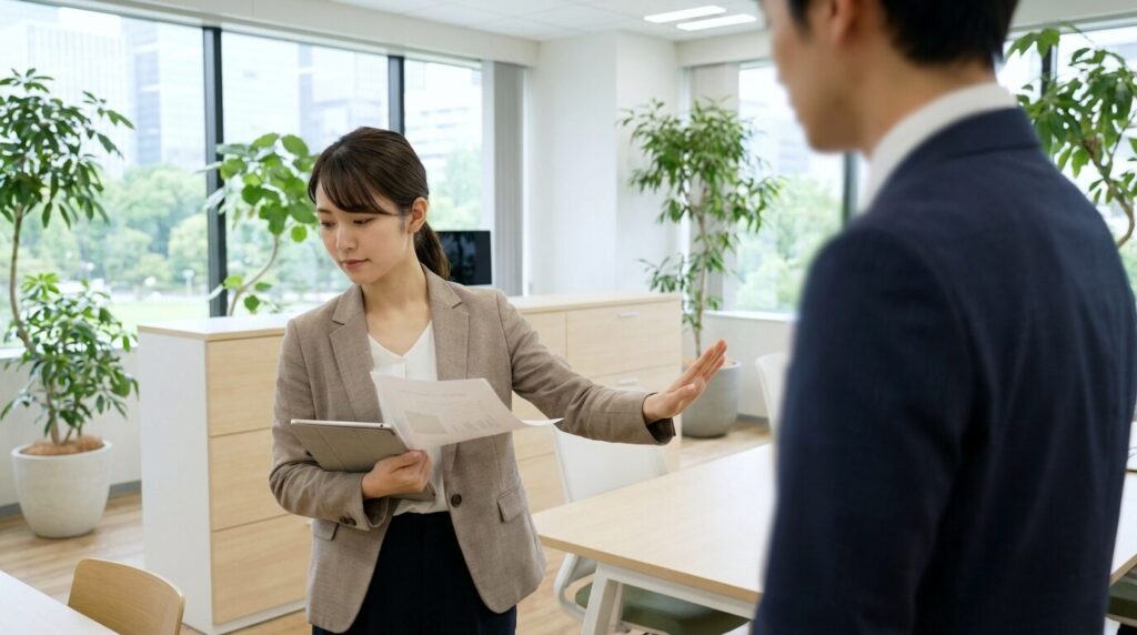 職場で不快な相手に対して毅然と距離を置き、自分を守っている日本人女性社員。意地悪な人から身を守るための具体的な対処法を実践している様子。
