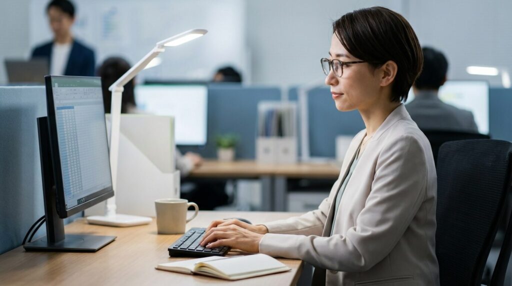 感情的にならず、冷静に淡々と業務をこなす30代日本人女性社員。職場でのストレスを減らすための、いい加減な人への適切な対処法を実践している様子。