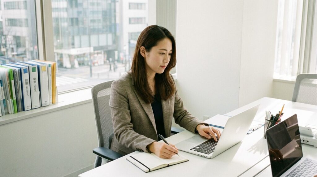 仕事を選ぶ人に振り回されないための対処法として、冷静に業務範囲や期限を管理する日本人女性社員。適切な距離感を保ち、自分の仕事に集中することでストレスを防いでいる様子。