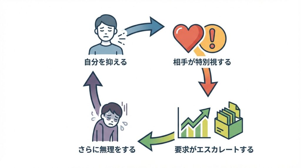 尽くしすぎが招く悪循環の因果関係図。自分を抑えて尽くすことが相手の特別視を招き、要求のエスカレートにつながる流れを循環矢印で表現している。