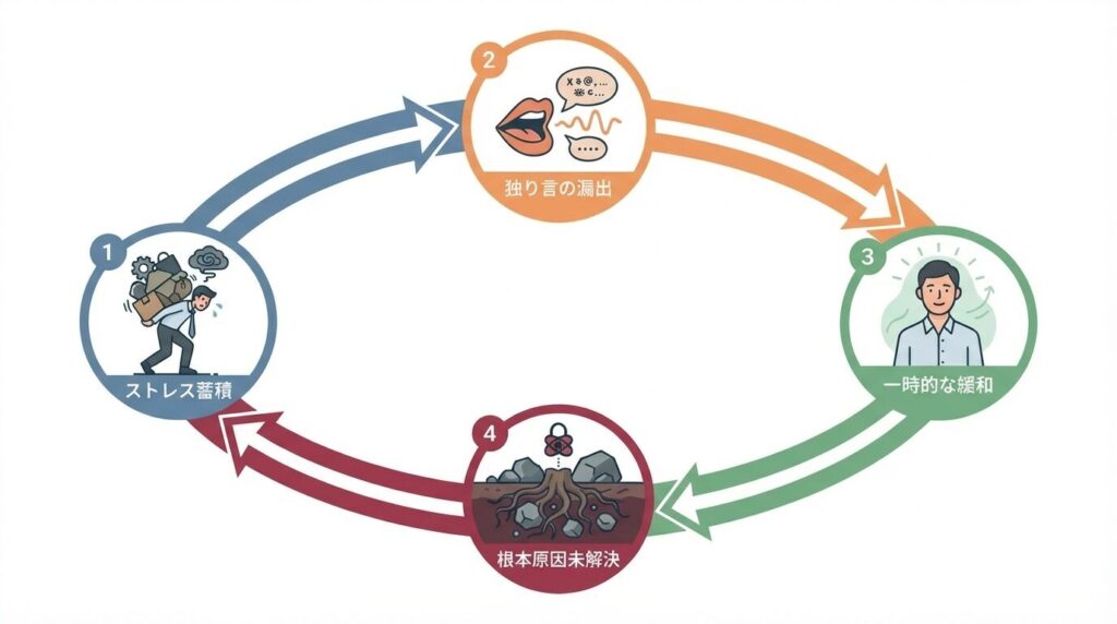 ストレス蓄積から無意識の独り言の漏出、一時的な緩和、根本原因未解決による再度のストレス蓄積というサイクルを示す因果関係図