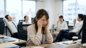 職場で責任感のない同僚の行動に悩み、デスクで頭を抱えている日本人女性社員の様子。責任感のない人にイライラする原因と対処法をテーマにした記事のアイキャッチとして、職場のストレスを表現している。
