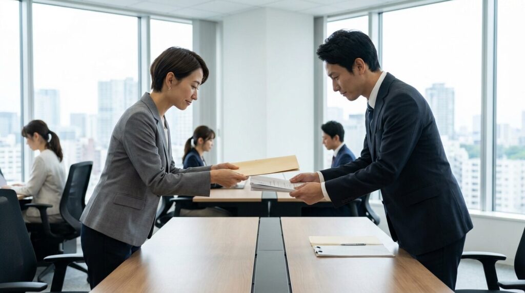 オフィスで必要最低限の書類の受け渡しを穏やかに行っている日本人男女。他人に興味がない人と上手に付き合うための対処法として、適度な距離感を保っている様子。