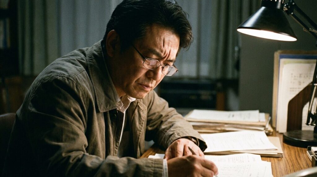 無意識に眉間にシワが寄っている日本人男性。ストレスや不満が意地悪な人の顔つきとして定着した様子。