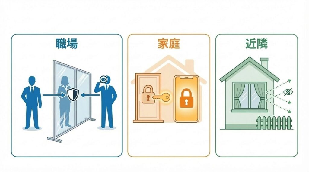 物理的・心理的距離の取り方をイメージした概念図。職場での第三者の介入、家庭での情報制限、近隣での視界遮断といったバリアを設けることで、監視の目から自分を守る具体的な方法を図示している。