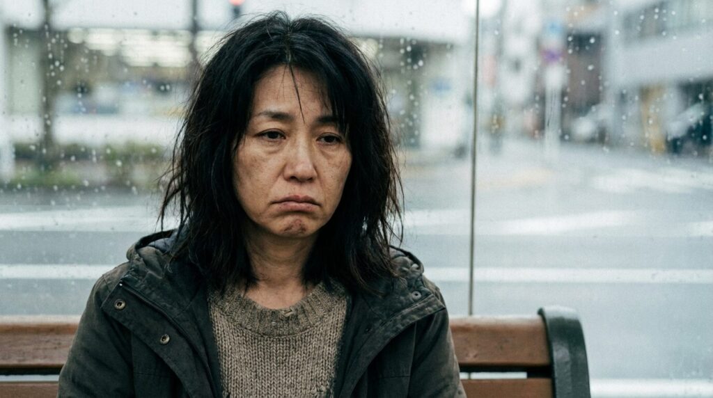 不平不満を抱え、口角がいつも下がっている日本人女性の表情。意地悪な人の顔つきの特徴の一つ。