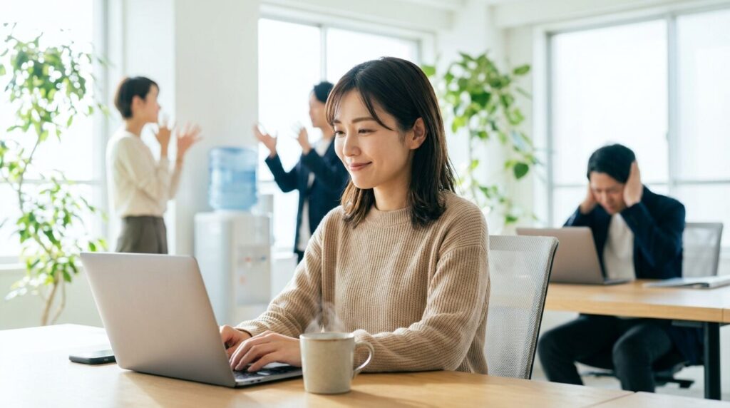 オフィスの喧騒を気にせず穏やかに仕事に取り組む日本人女性。相手が変わることに期待せず適度な距離感を保ち、ストレスを溜めないよう上手く受け流す、思いやりがない人への効果的な対処法。